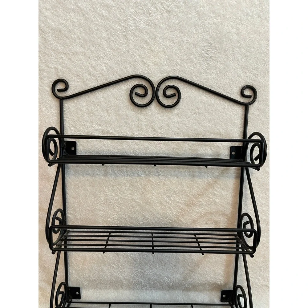 Black Metal Scrollwork Wall Mount Spice Rack 3 Tier Kitchen Organizer 15x12x3